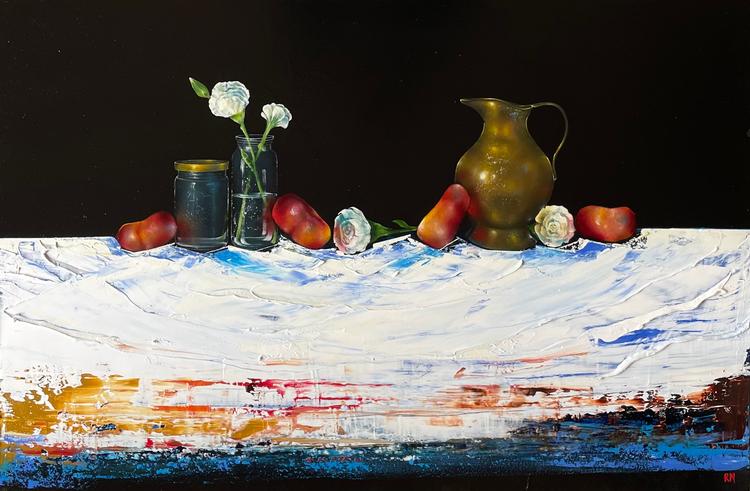 Carnations, Bronze and Flat Peaches by Rebekah Mooney