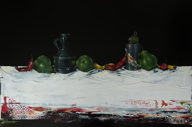 Glass Bottle, Chilli and Pears by Rebekah Mooney
