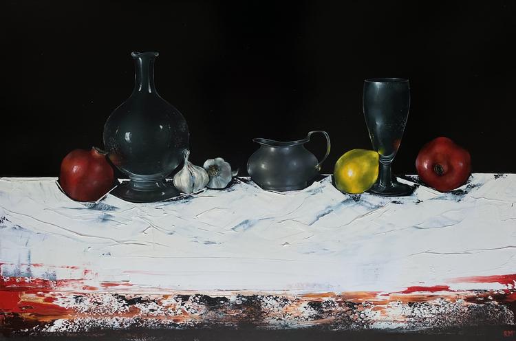 Silver Pot Lemon and Pomegranates by Rebekah Mooney